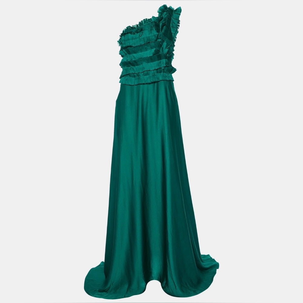 Carolina Herrera Green One Shoulder Frill 100% Silk Maxi Gown NWT